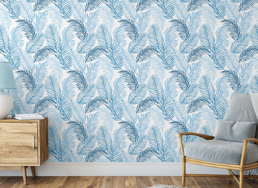 GW12061 Hand Drawn Palms Peel and Stick Wallpaper Roll 19 inch Wide x 18 ft. Long, Blue