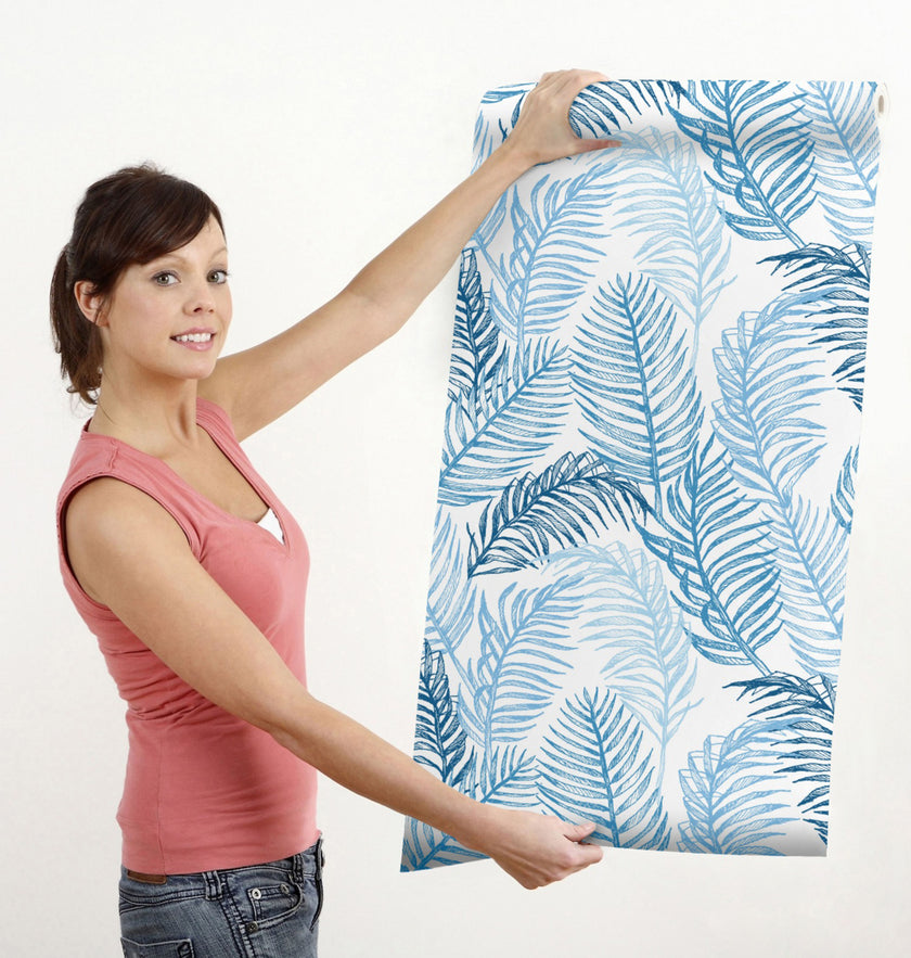 GW12061 Hand Drawn Palms Peel and Stick Wallpaper Roll 19 inch Wide x 18 ft. Long, Blue