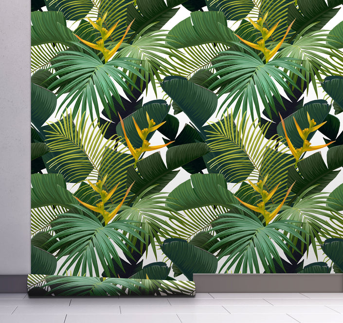 GW12071 Dark Green Palms Peel and Stick Wallpaper Roll 19 inch Wide x 18 ft. Long, Green Yellow