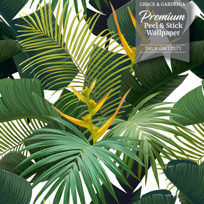 GW12071 Dark Green Palms Peel and Stick Wallpaper Roll 19 inch Wide x 18 ft. Long, Green Yellow