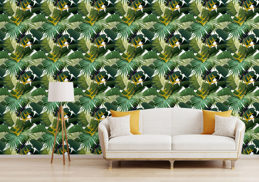 GW12071 Dark Green Palms Peel and Stick Wallpaper Roll 19 inch Wide x 18 ft. Long, Green Yellow