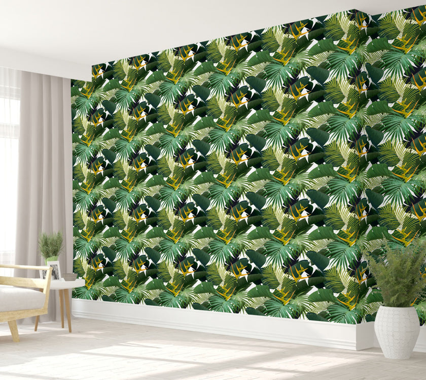 GW12071 Dark Green Palms Peel and Stick Wallpaper Roll 19 inch Wide x 18 ft. Long, Green Yellow