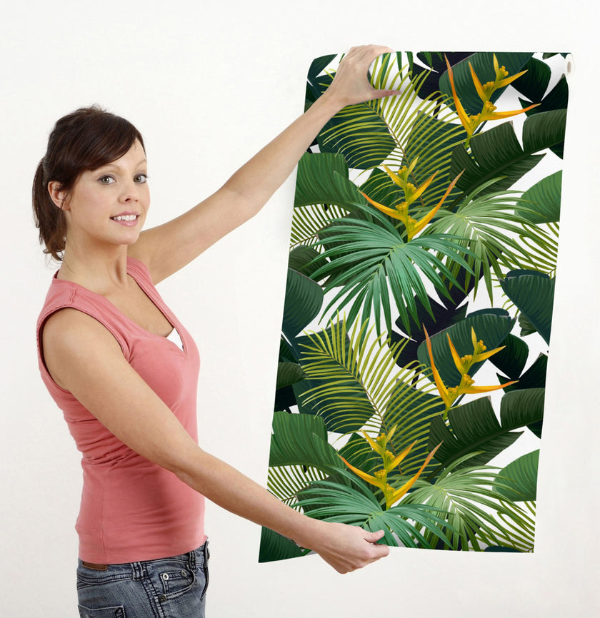 GW12071 Dark Green Palms Peel and Stick Wallpaper Roll 19 inch Wide x 18 ft. Long, Green Yellow