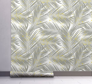 GW128011 Gray Palms with Yellow on White Peel and Stick Wallpaper Roll 20.5 inch Wide x 18 ft. Long Gray/Yellow