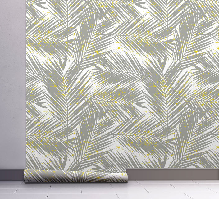 GW128011 Gray Palms with Yellow on White Peel and Stick Wallpaper Roll 19 inch Wide x 18 ft. Long Gray Yellow