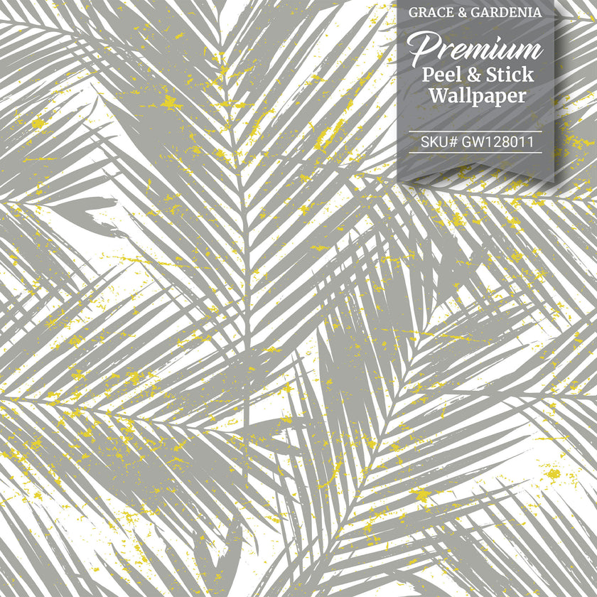 GW128011 Gray Palms with Yellow on White Peel and Stick Wallpaper Roll 19 inch Wide x 18 ft. Long Gray Yellow
