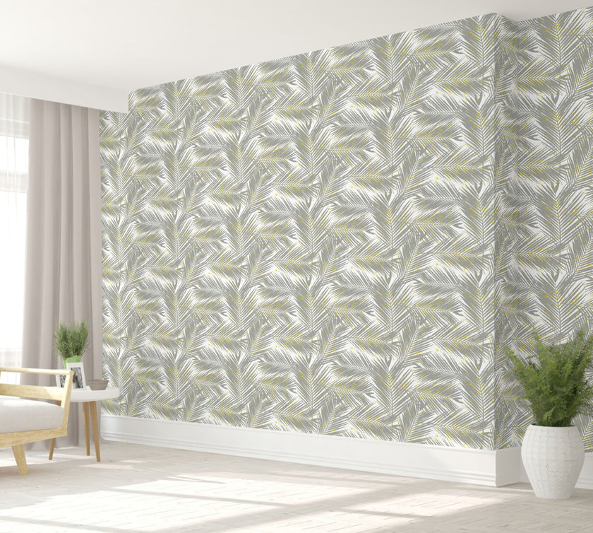 GW128011 Gray Palms with Yellow on White Peel and Stick Wallpaper Roll 19 inch Wide x 18 ft. Long Gray Yellow