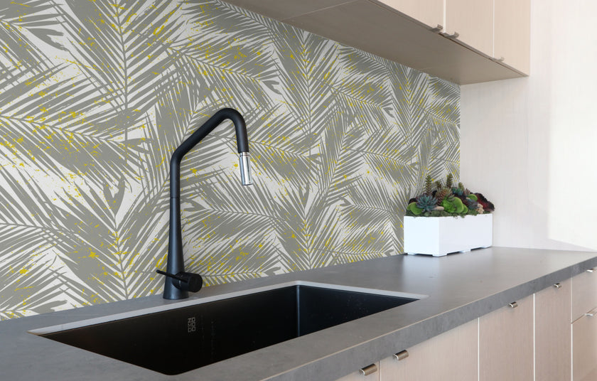 GW128011 Gray Palms with Yellow on White Peel and Stick Wallpaper Roll 19 inch Wide x 18 ft. Long Gray Yellow