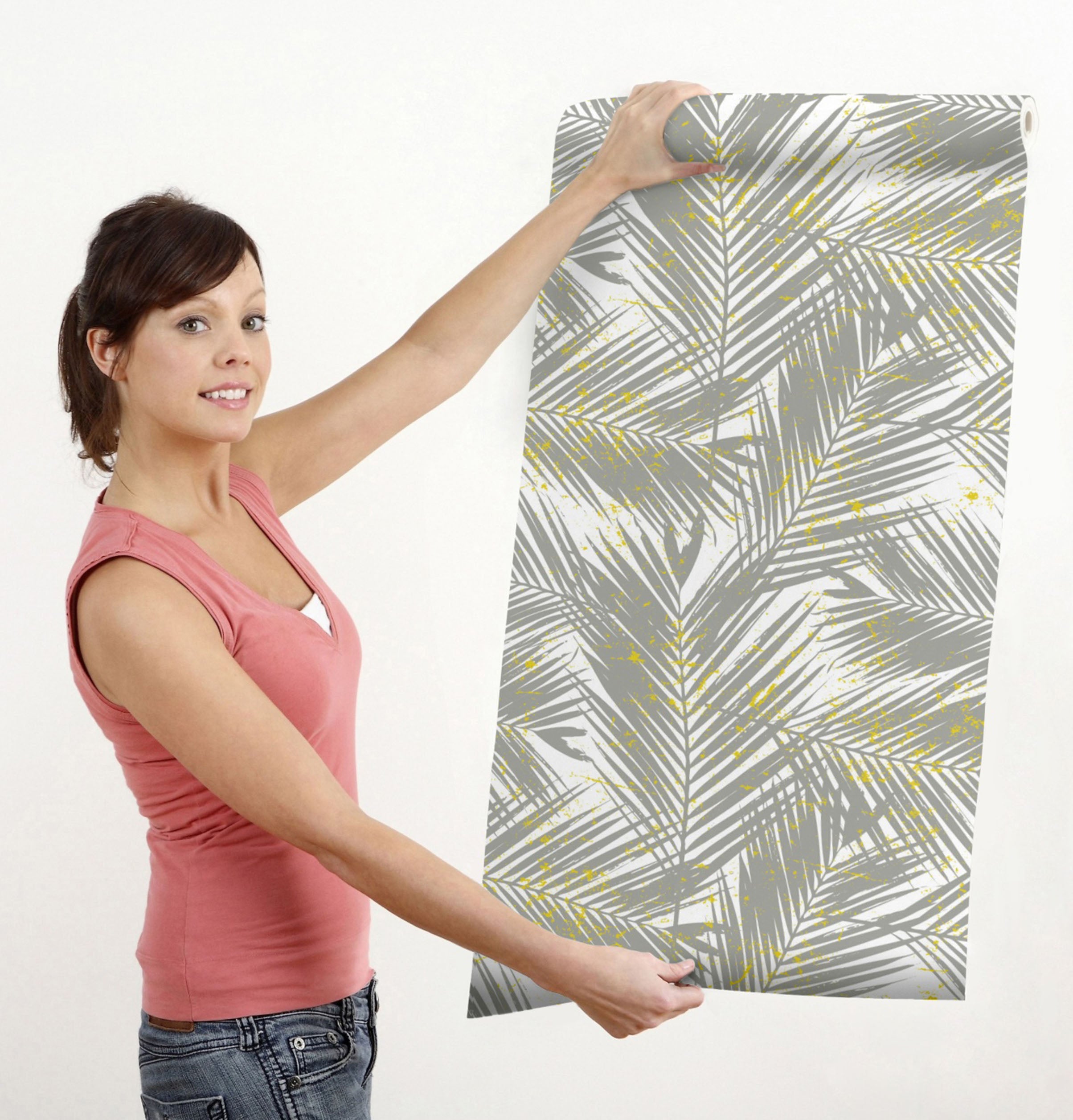 GW128011 Gray Palms with Yellow on White Peel and Stick Wallpaper Roll 20.5 inch Wide x 18 ft. Long Gray/Yellow