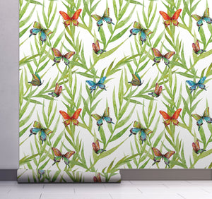 GW128021 Tropical Leaves and Butterflies Peel and Stick Wallpaper Roll 19 inch Wide x 18 ft. Long, Green Orange Blue
