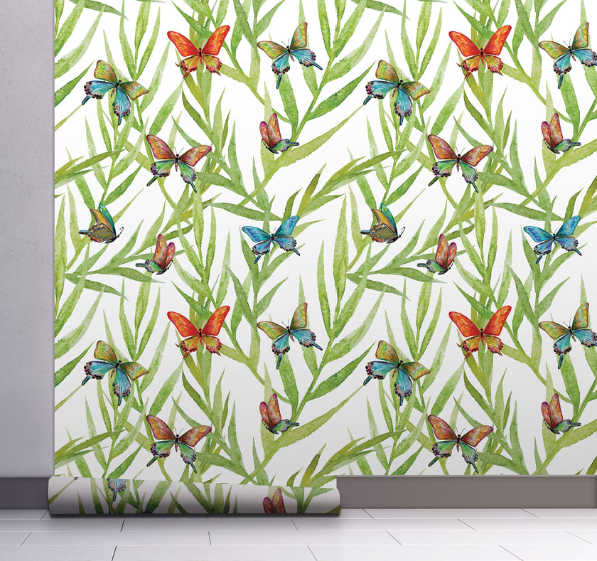 GW128021 Tropical Leaves and Butterflies Peel and Stick Wallpaper Roll 19 inch Wide x 18 ft. Long, Green Orange Blue