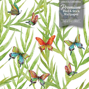 GW128021 Tropical Leaves and Butterflies Peel and Stick Wallpaper Roll 20.5 inch Wide x 18 ft. Long, Green/Orange/Blue