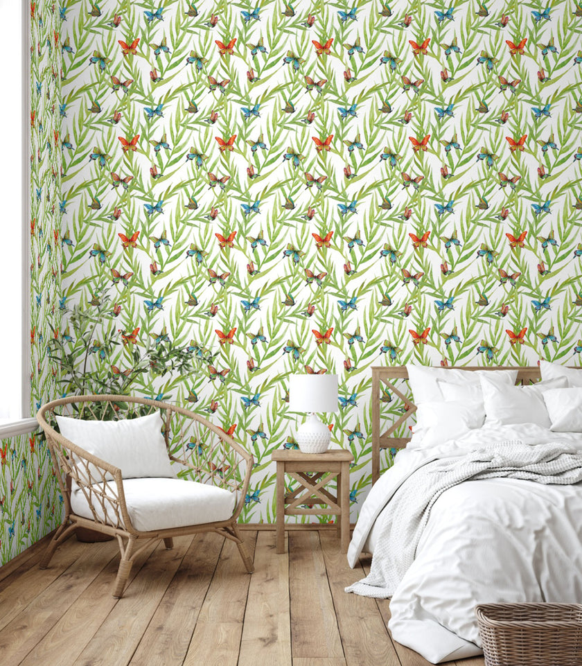 GW128021 Tropical Leaves and Butterflies Peel and Stick Wallpaper Roll 19 inch Wide x 18 ft. Long, Green Orange Blue