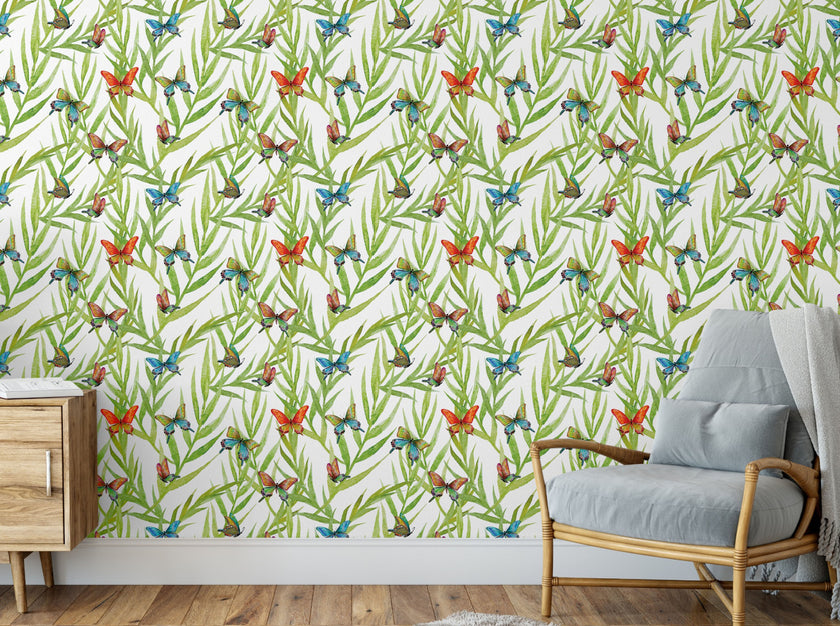GW128021 Tropical Leaves and Butterflies Peel and Stick Wallpaper Roll 19 inch Wide x 18 ft. Long, Green Orange Blue