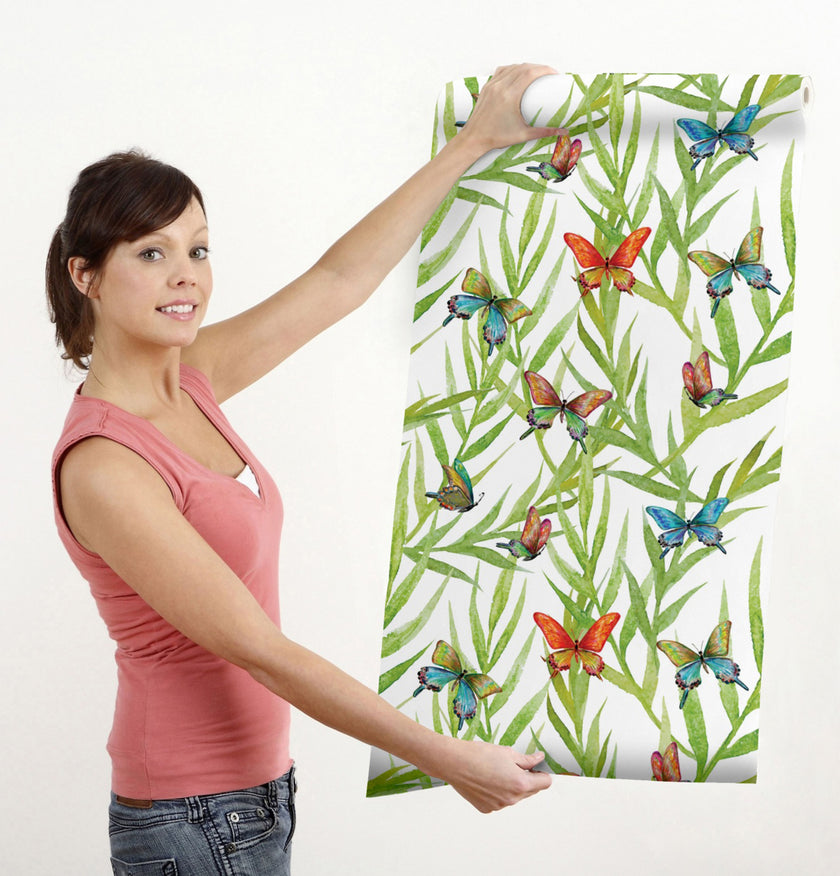 GW128021 Tropical Leaves and Butterflies Peel and Stick Wallpaper Roll 19 inch Wide x 18 ft. Long, Green Orange Blue
