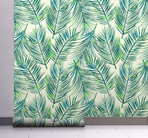 GW128051 Blue and Green Palms Peel and Stick Wallpaper Roll 19 inch Wide x 18 ft. Long Blue Green