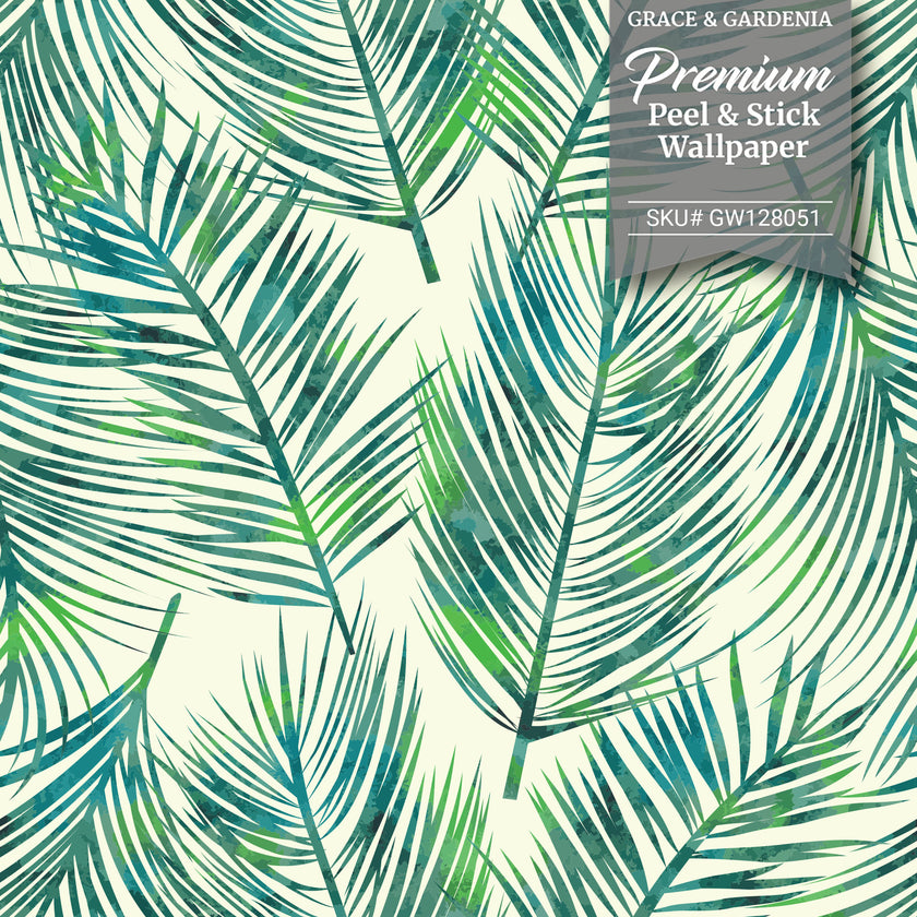 GW128051 Blue and Green Palms Peel and Stick Wallpaper Roll 19 inch Wide x 18 ft. Long Blue Green