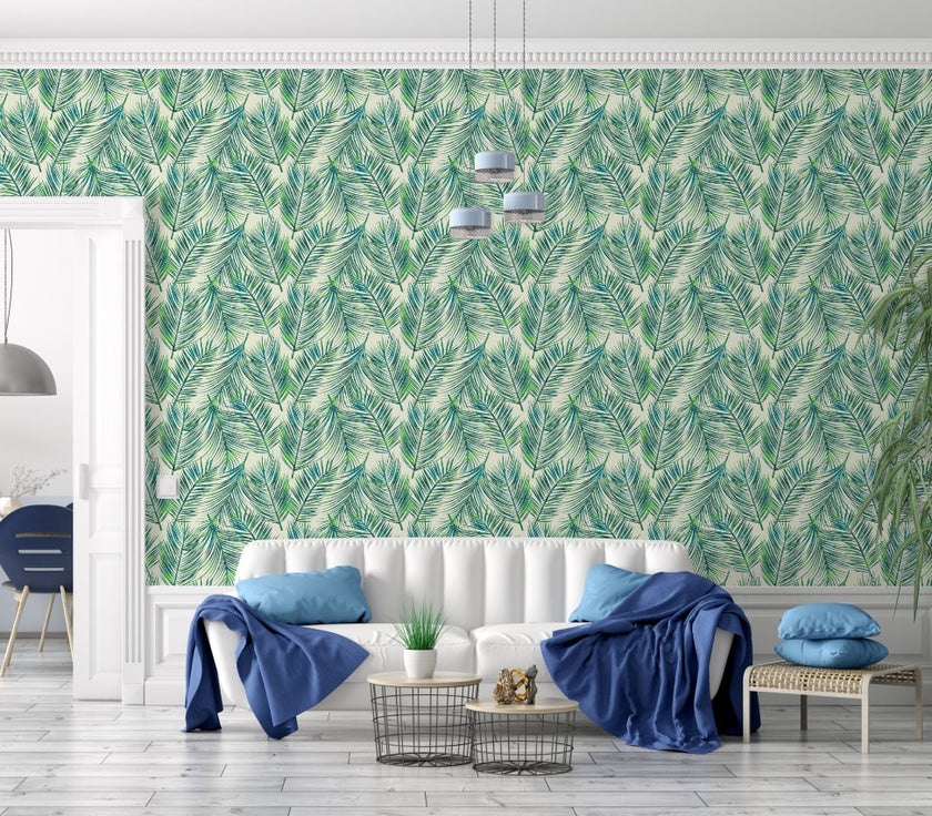 GW128051 Blue and Green Palms Peel and Stick Wallpaper Roll 19 inch Wide x 18 ft. Long Blue Green