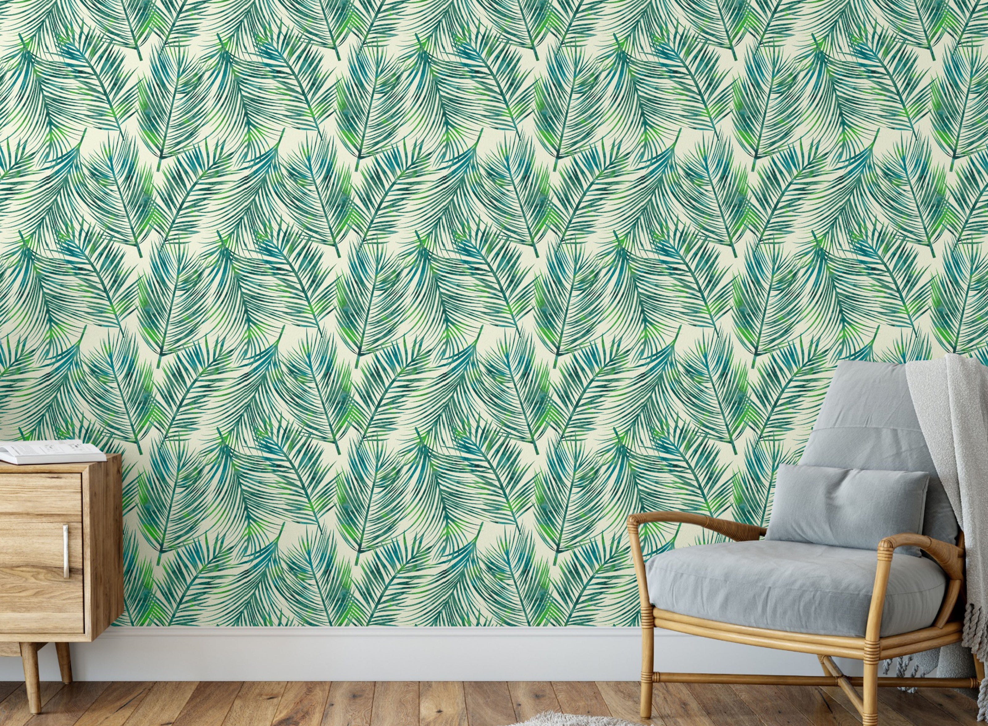 GW128051 Blue and Green Palms Peel and Stick Wallpaper Roll 20.5 inch Wide x 18 ft. Long Blue/Green