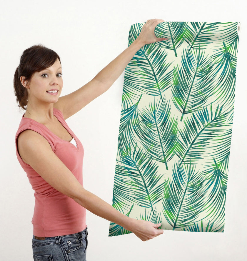GW128051 Blue and Green Palms Peel and Stick Wallpaper Roll 19 inch Wide x 18 ft. Long Blue Green