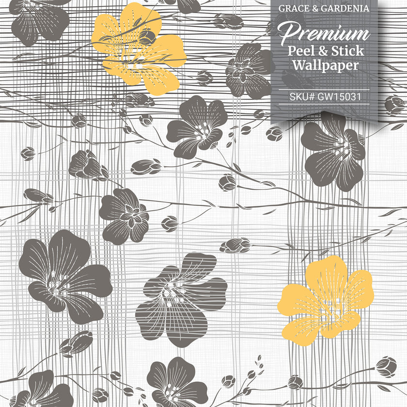 GW15031 Flowers with Lines Peel and Stick Wallpaper Roll 19 inch Wide x 18 ft. Long Gray Yellow