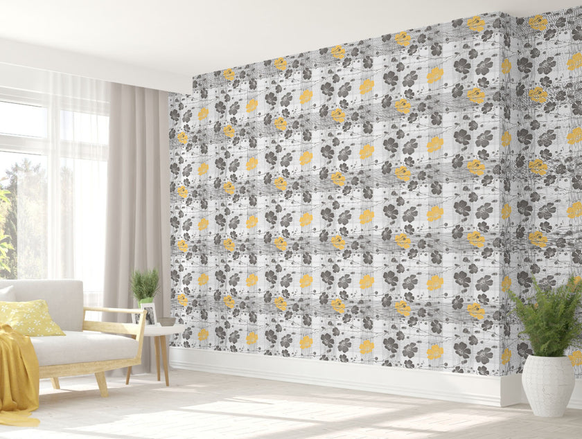 GW15031 Flowers with Lines Peel and Stick Wallpaper Roll 19 inch Wide x 18 ft. Long Gray Yellow