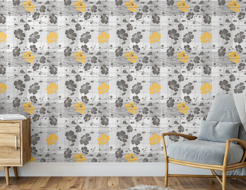 GW15031 Flowers with Lines Peel and Stick Wallpaper Roll 19 inch Wide x 18 ft. Long Gray Yellow