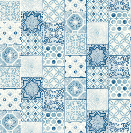 GW2009W Mosaic Tile Peel and Stick Wallpaper Roll 19in (W) x 18ft. (H) Blue White