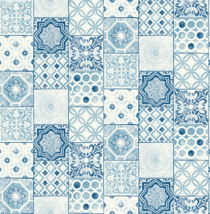 GW2009W Mosaic Tile Peel and Stick Wallpaper Roll 19in (W) x 18ft. (H) Blue White