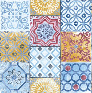 GW2011 Grace & Gardenia Red Blue & Gold Mosaic Tile Peel and Stick Wallpaper