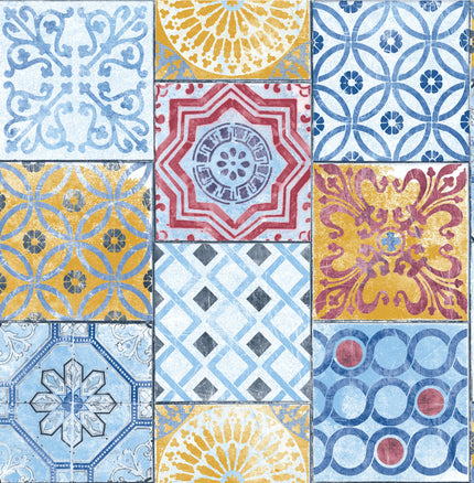 GW2011 Red Blue & Gold Mosaic Tile Peel and Stick Wallpaper