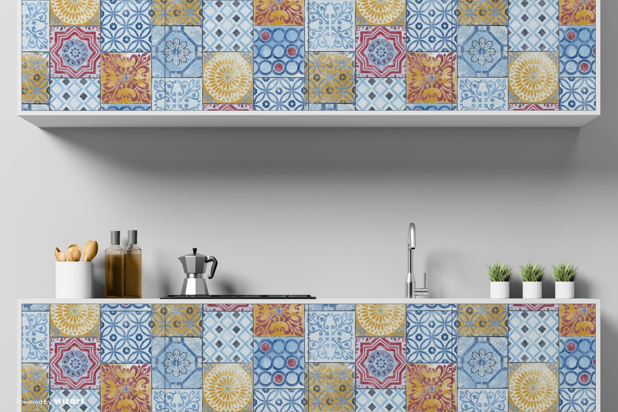 GW2011 Grace & Gardenia Red Blue & Gold Mosaic Tile Peel and Stick Wallpaper