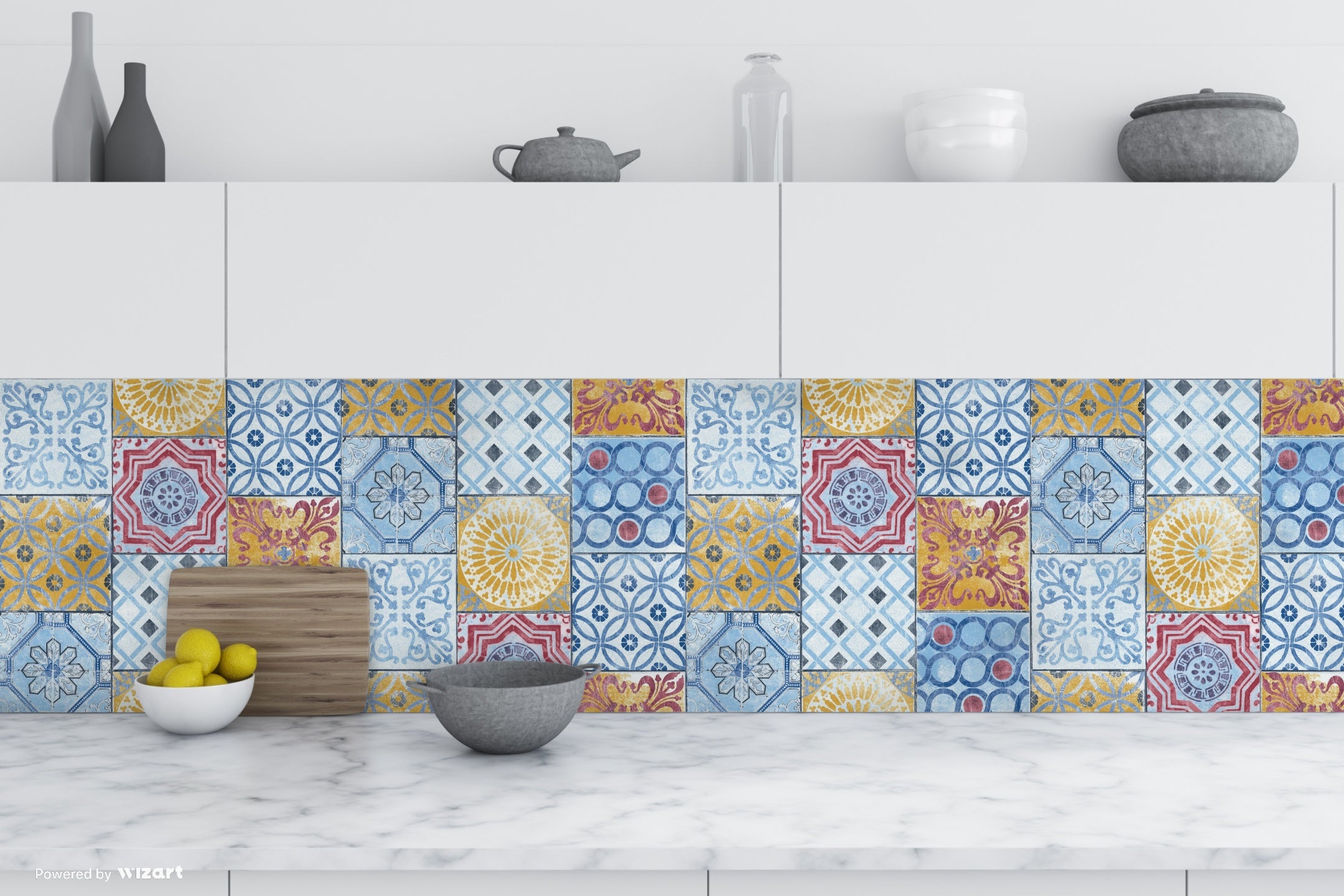 GW2011 Grace & Gardenia Red Blue & Gold Mosaic Tile Peel and Stick Wallpaper