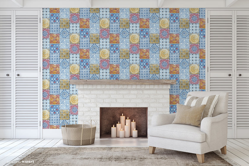 GW2011 Red Blue & Gold Mosaic Tile Peel and Stick Wallpaper