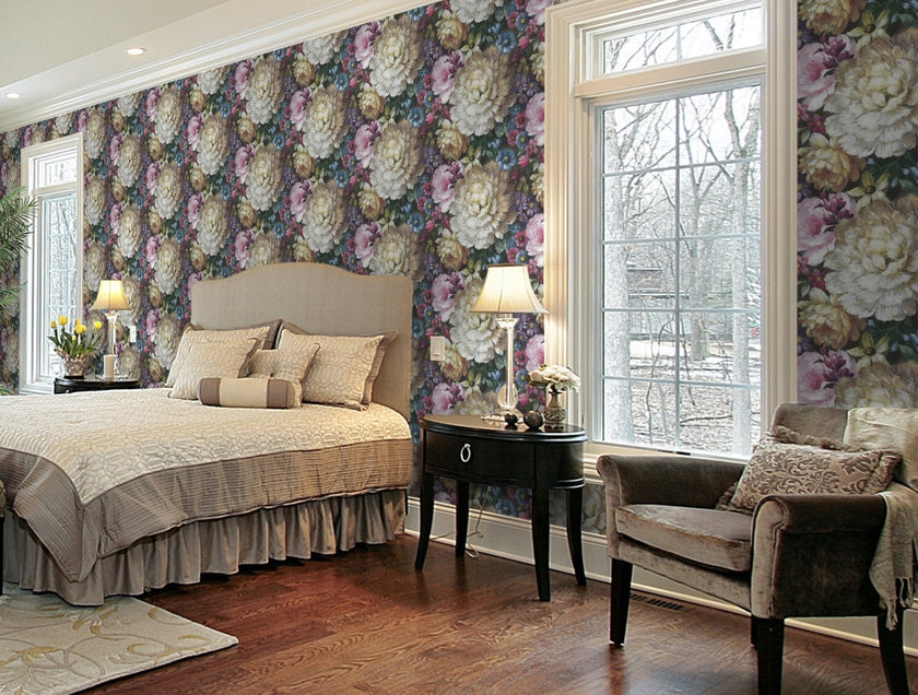 GW2012 Monet's Garden Flowers Peel and Stick Wallpaper Roll size 19 inch Wide x 18ft. Long Pink Multi-Color