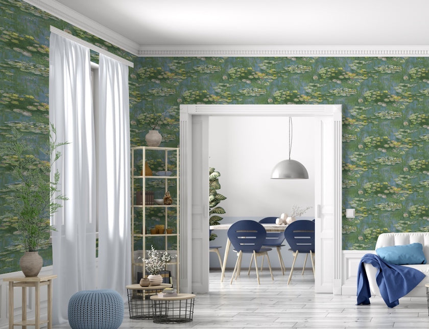 GW2013 Lily Pond Flowers Peel and Stick Wallpaper Roll size 19 inch Wide x 18ft. Long Green Blue