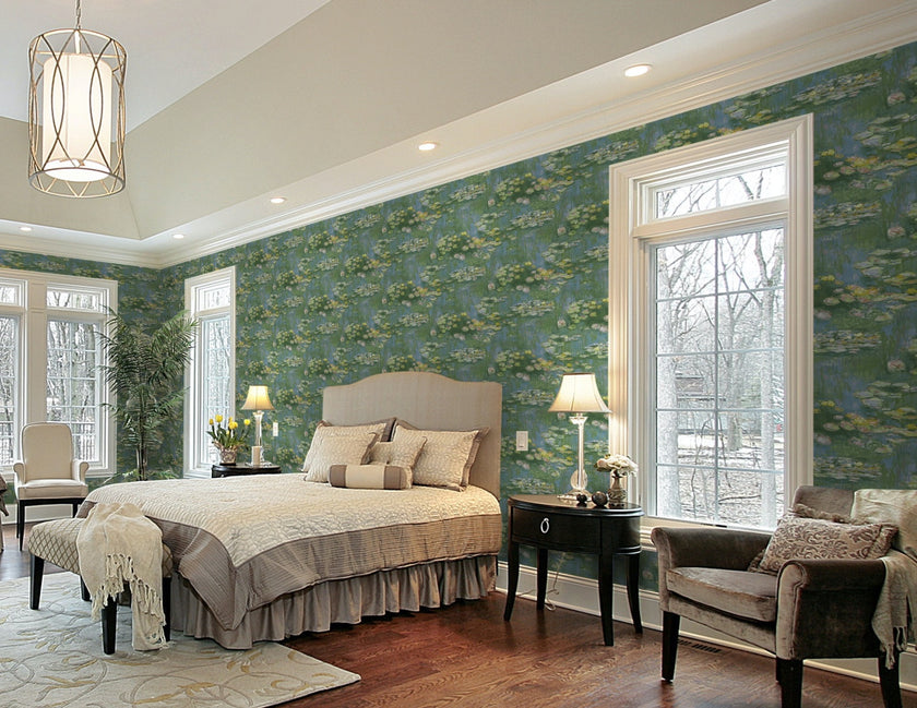 GW2013 Lily Pond Flowers Peel and Stick Wallpaper Roll size 19 inch Wide x 18ft. Long Green Blue