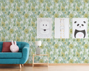 GW2014 Watercolor floral Peel and Stick Wallpaper Roll size 19 inch Wide x 18ft. Long Green Tan Soft Blue