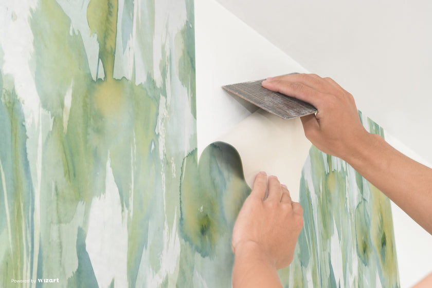 GW2014 Watercolor floral Peel and Stick Wallpaper Roll size 19 inch Wide x 18ft. Long Green Tan Soft Blue