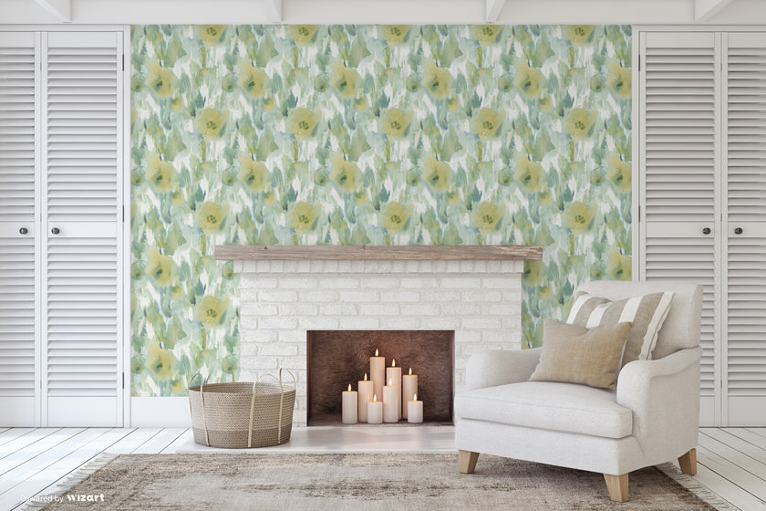 GW2014 Watercolor floral Peel and Stick Wallpaper Roll size 19 inch Wide x 18ft. Long Green Tan Soft Blue