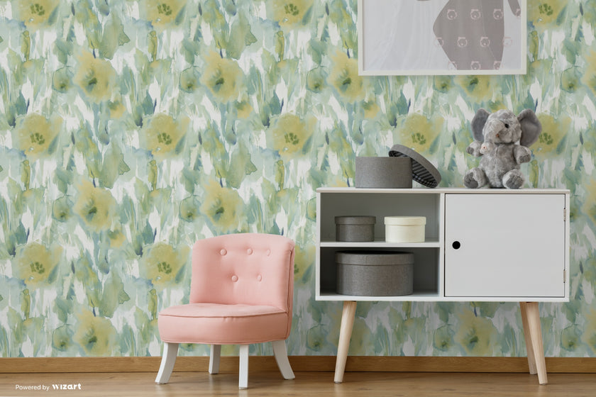 GW2014 Watercolor floral Peel and Stick Wallpaper Roll size 19 inch Wide x 18ft. Long Green Tan Soft Blue