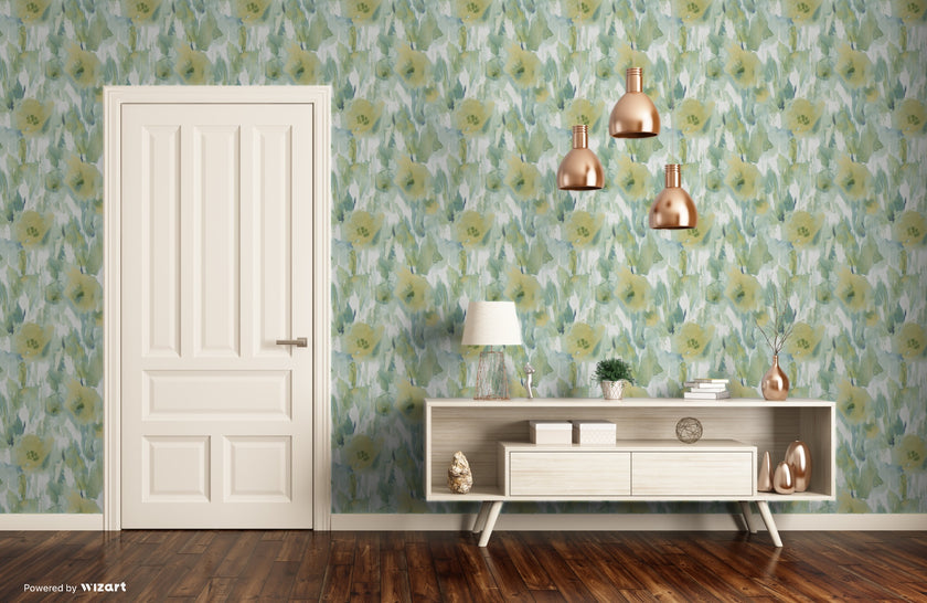 GW2014 Watercolor floral Peel and Stick Wallpaper Roll size 19 inch Wide x 18ft. Long Green Tan Soft Blue