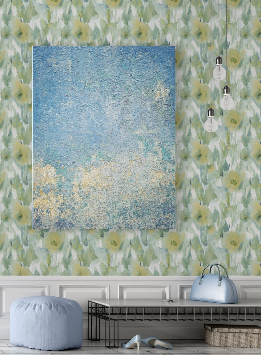 GW2014 Watercolor floral Peel and Stick Wallpaper Roll size 19 inch Wide x 18ft. Long Green Tan Soft Blue