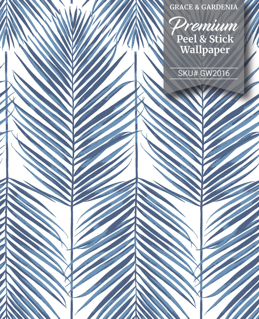 GW2016 Tropical Blue Palm Leaf Peel and Stick Wallpaper Roll 19 inch Wide x 18 ft. Long Blue