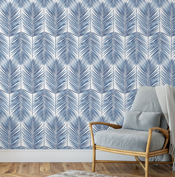 GW2016 Tropical Blue Palm Leaf Peel and Stick Wallpaper Roll 19 inch Wide x 18 ft. Long Blue