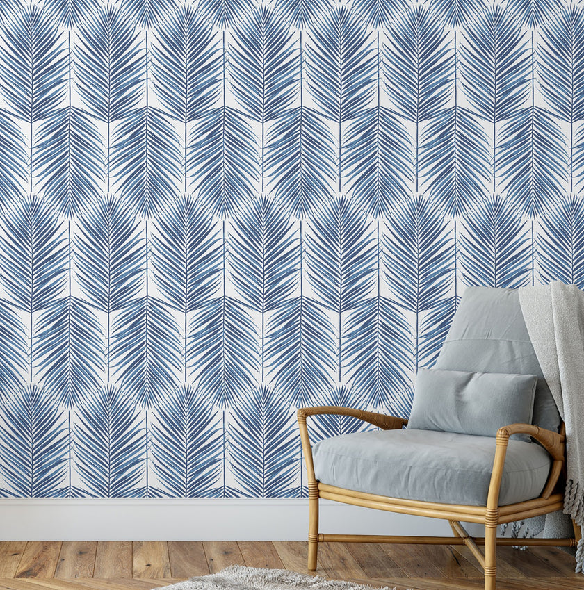 GW2016 Tropical Blue Palm Leaf Peel and Stick Wallpaper Roll 19 inch Wide x 18 ft. Long Blue
