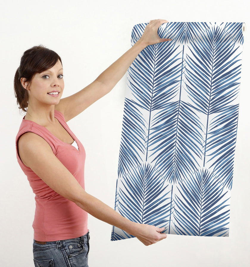 GW2016 Tropical Blue Palm Leaf Peel and Stick Wallpaper Roll 19 inch Wide x 18 ft. Long Blue