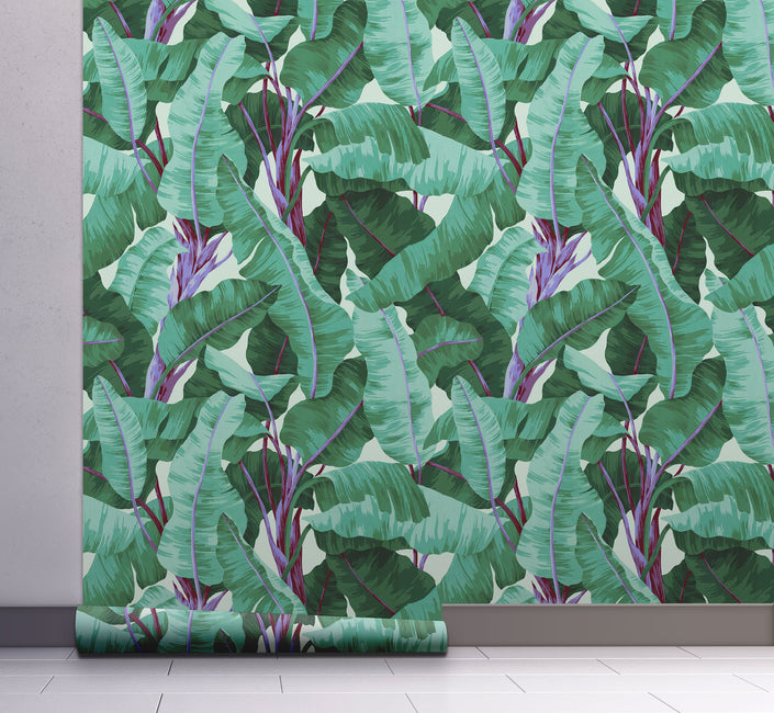 GW2101 Painted Banana Leaves Peel and Stick Wallpaper Roll 19 inch Wide x 18 ft. Long Green Purple