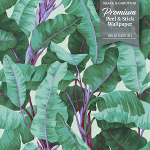 GW2101 Painted Banana Leaves Peel and Stick Wallpaper Roll 19 inch Wide x 18 ft. Long Green Purple