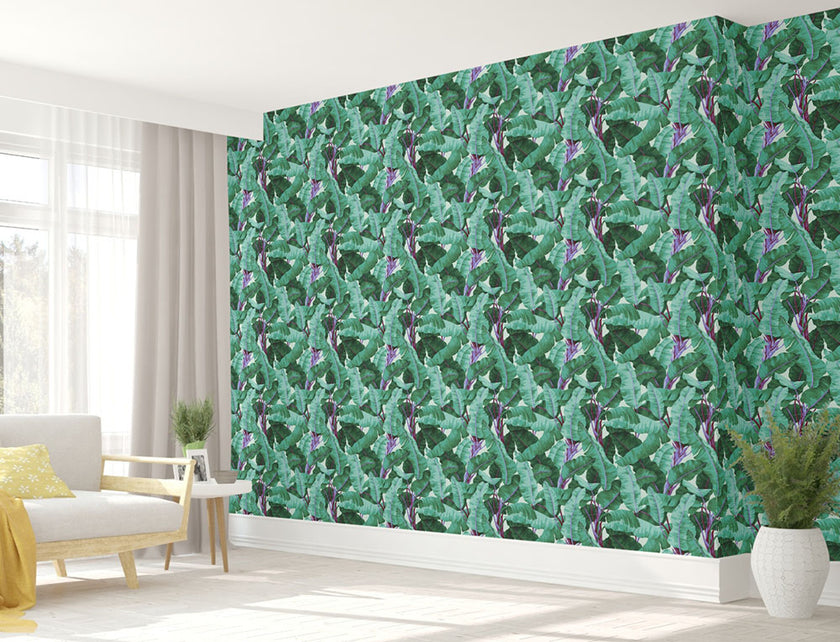GW2101 Painted Banana Leaves Peel and Stick Wallpaper Roll 19 inch Wide x 18 ft. Long Green Purple